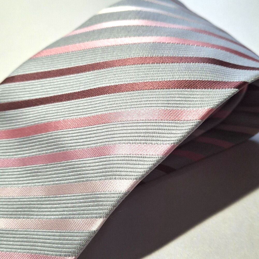 Zillioni Collezioni Men's Tie 100% Silk Handmade Striped Pink Silver Grey